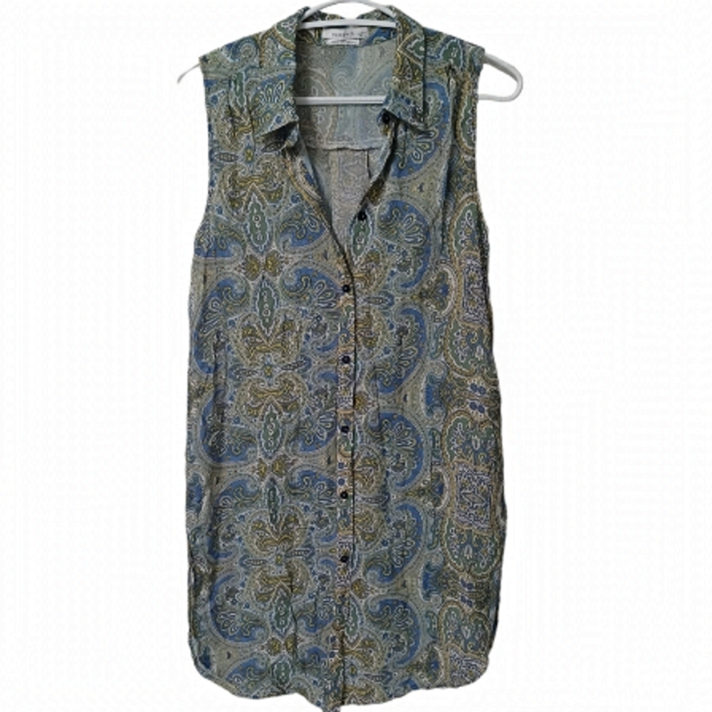 Reserved paisley print long button down sleeveless blouse top shirt